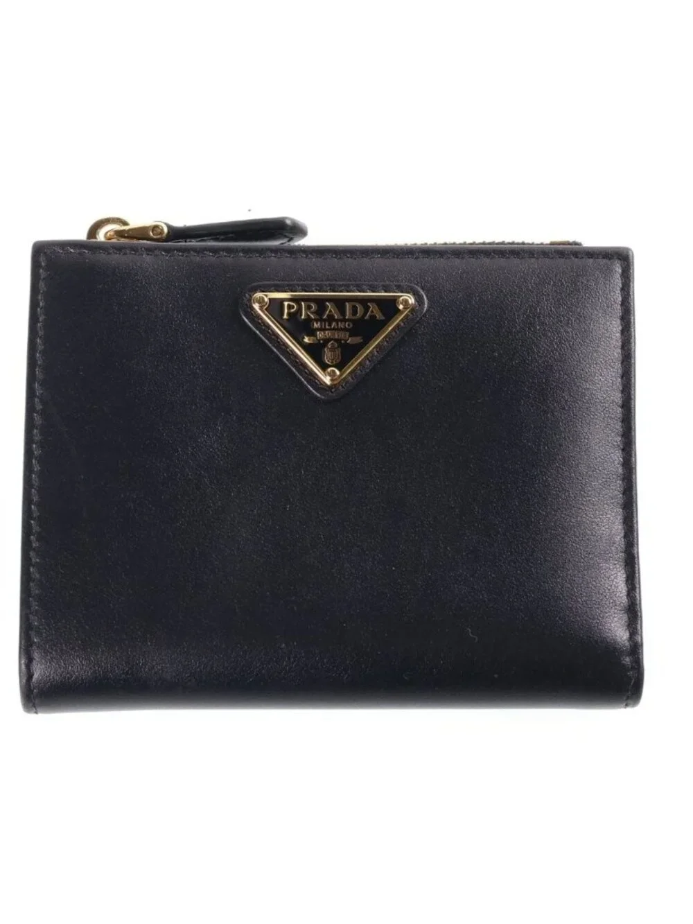 Prada Triangle Logo Small Compact Wallet Bifold Black Leather Gold